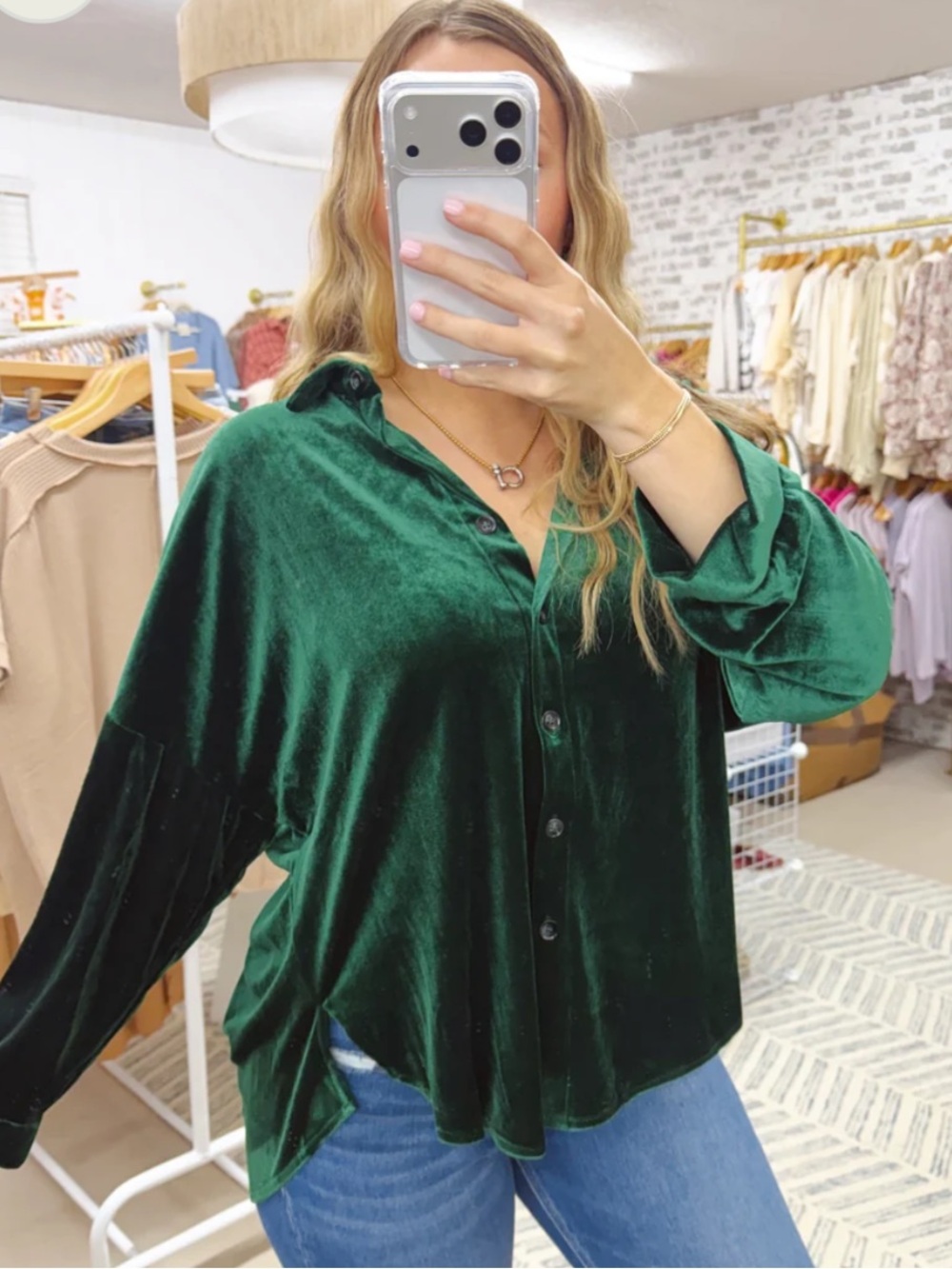 BiBi Emerald Green Velvet Button-Up Top NWT XL